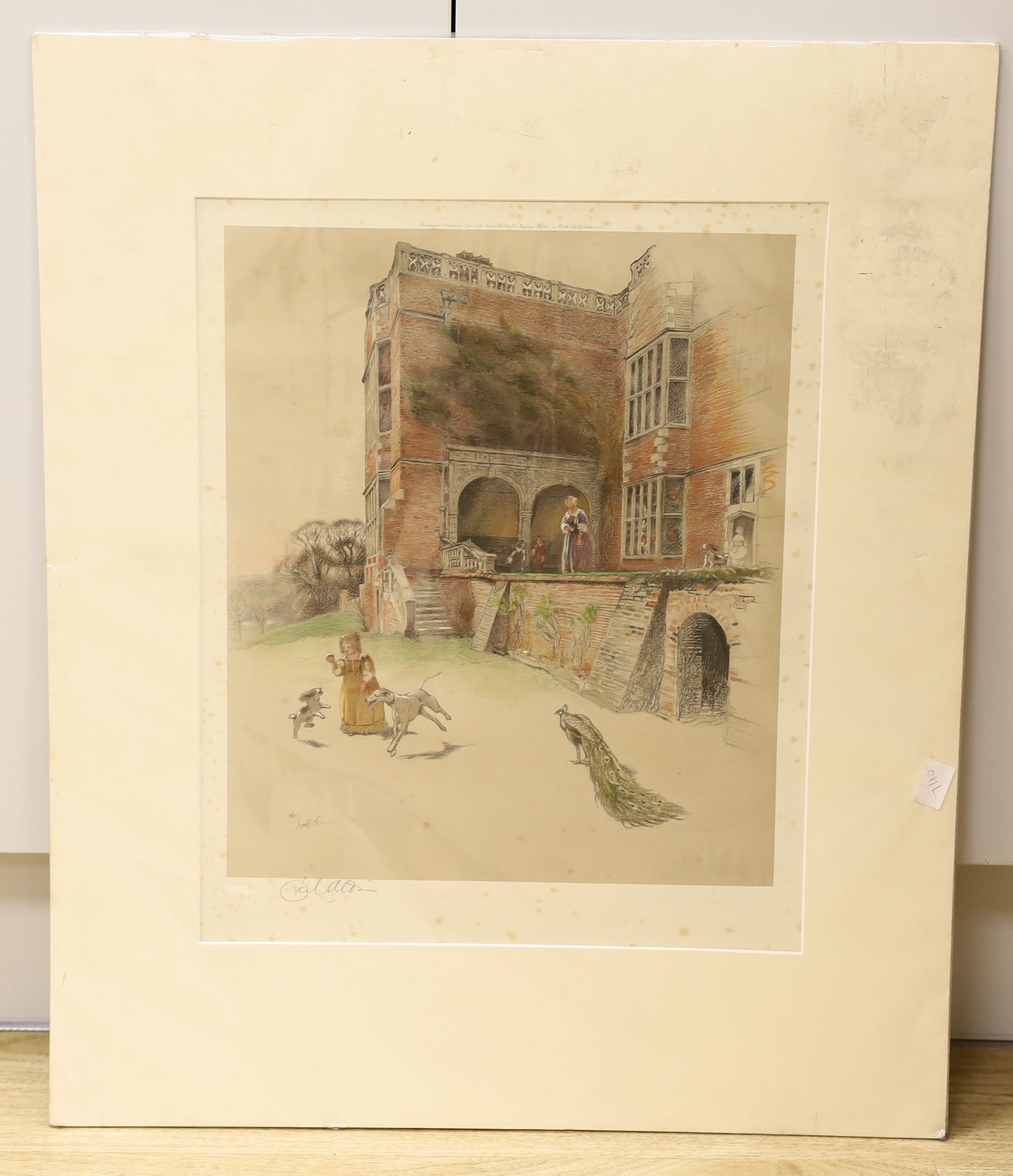 Cecil Aldin, colour print, Child and dogs beside a 17th century house, signed in pencil, 45 x 36cm, unframed